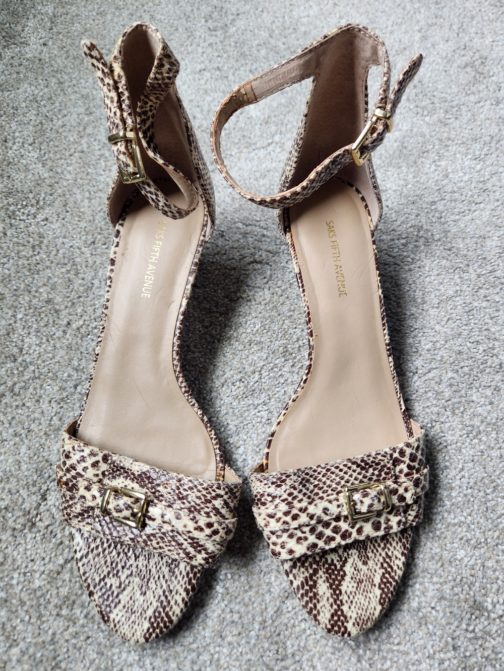 Saks Fifth Avenue Snakeskin Open-Toe Ankle-Strap Heels in Brown and Cream